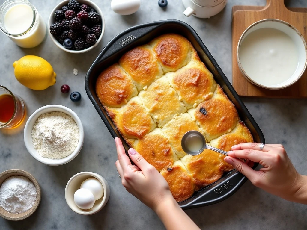 Ingredients for an easy German pancake arranged beside a baking dish