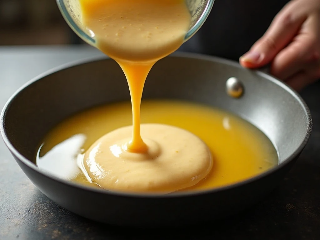 Smooth batter poured into a hot buttered dish for a tall German pancake