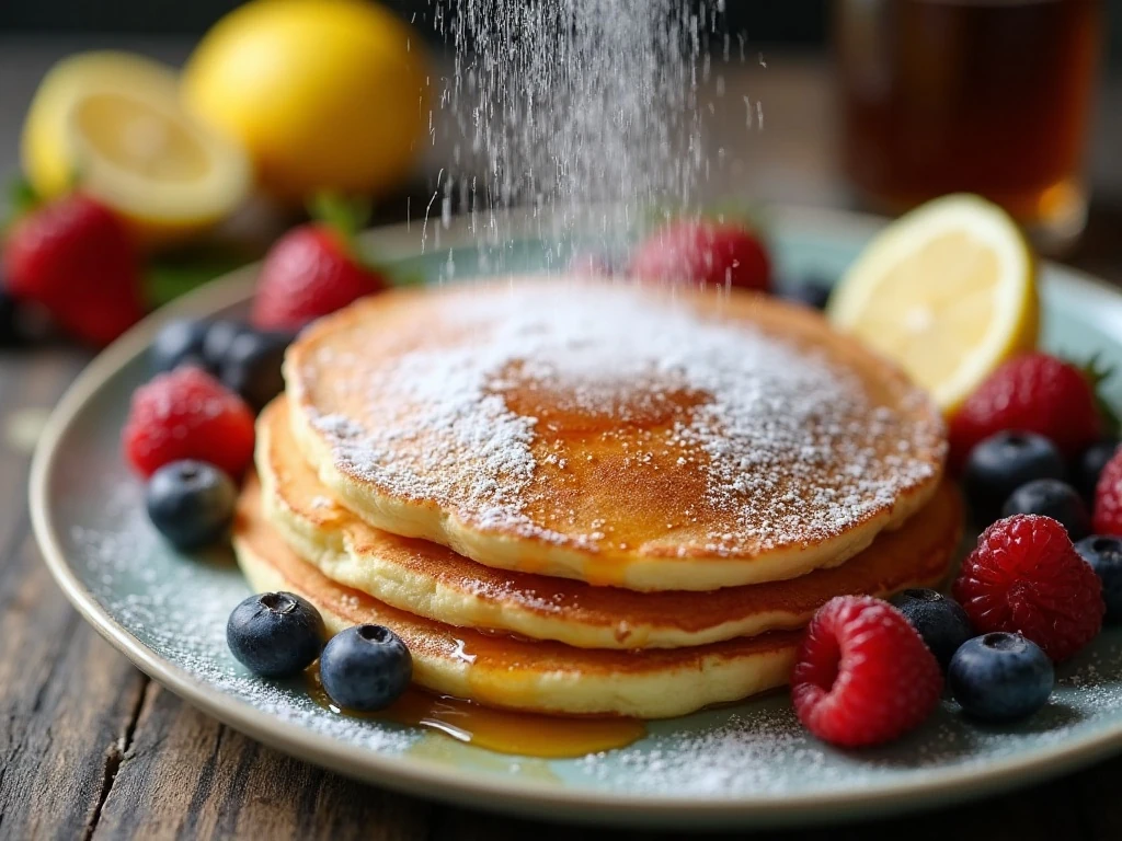 German pancake with powdered sugar berries lemon and maple syrup