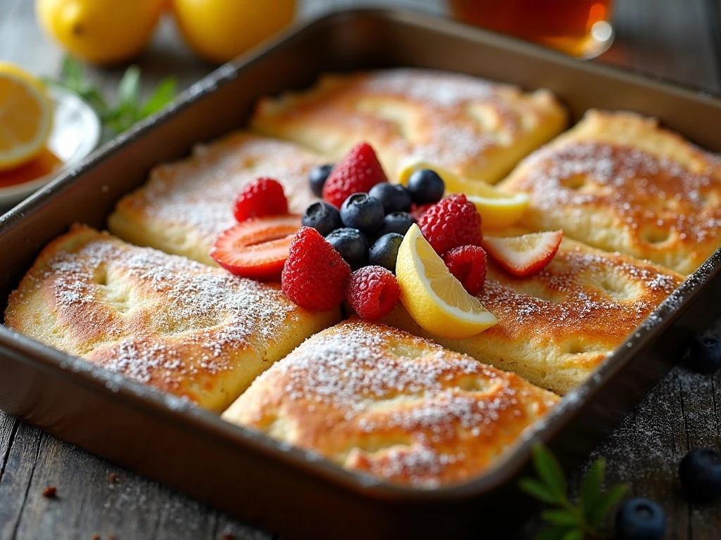 Puffy golden German pancake served with fruit and powdered sugar