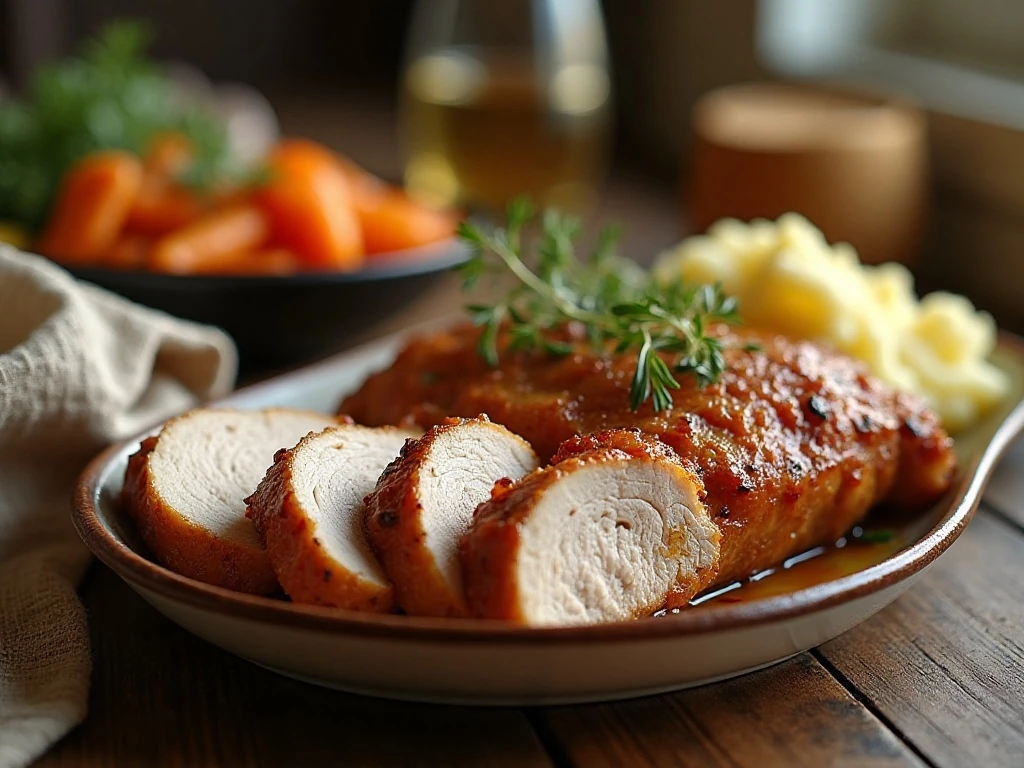 Sliced brown sugar Dijon glazed pork loin served with vegetables and potatoes
