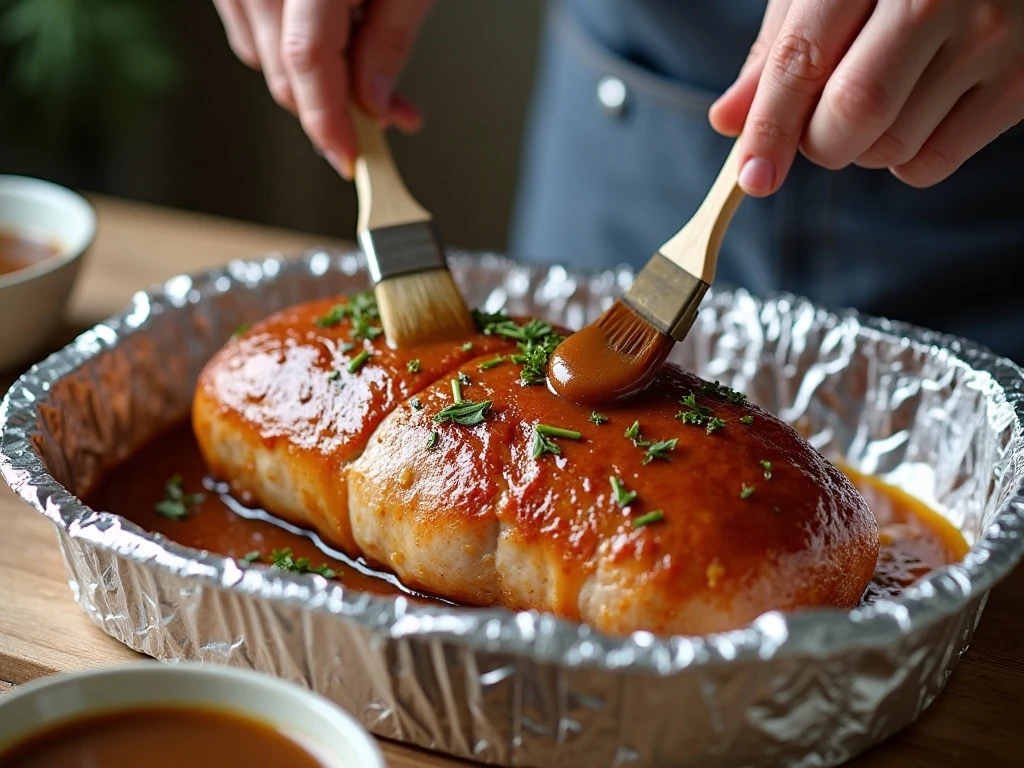 Brushing brown sugar Dijon glaze over pork loin before roasting