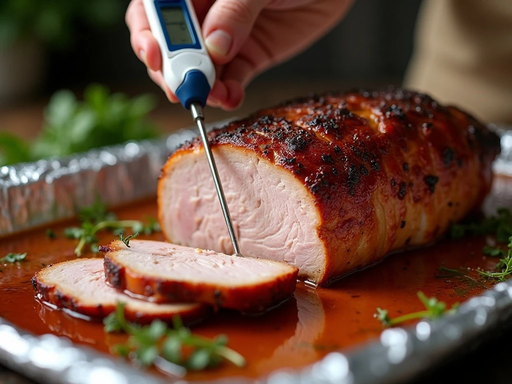 Checking the internal temperature of glazed pork loin with a thermometer