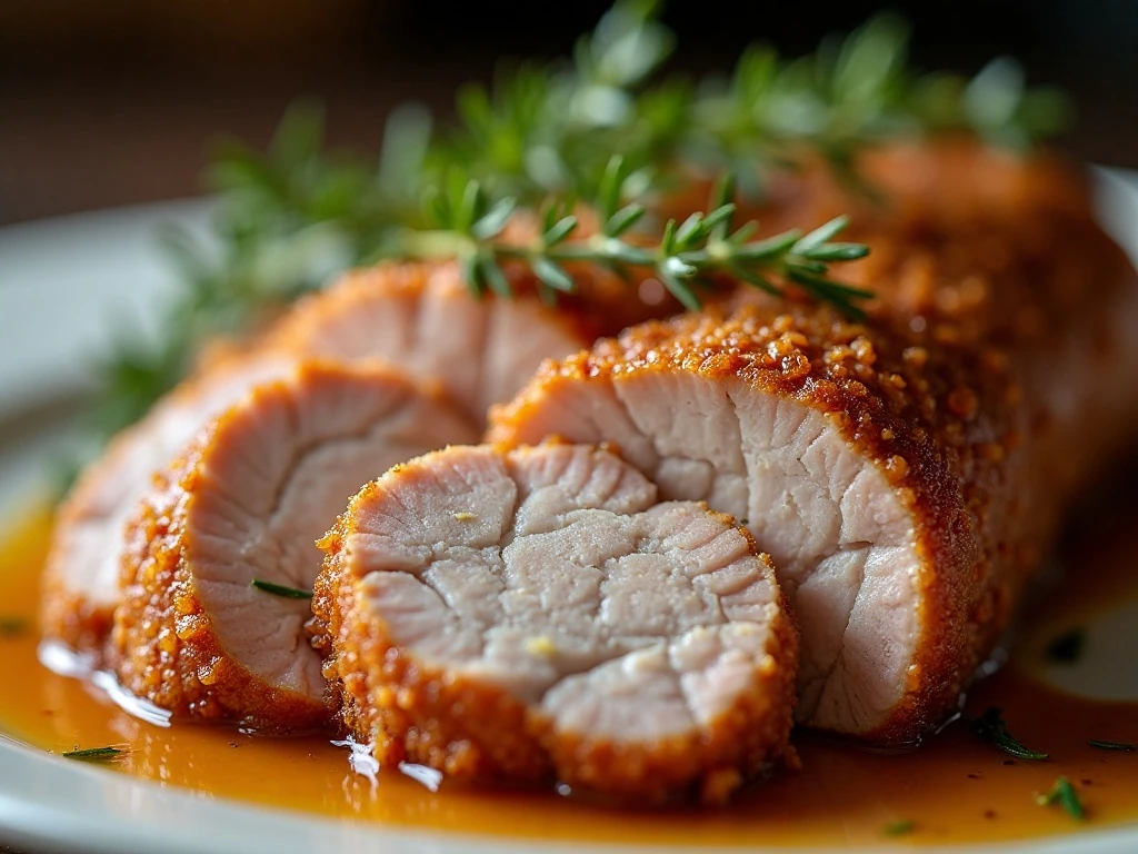 Tender sliced glazed pork loin garnished with fresh thyme