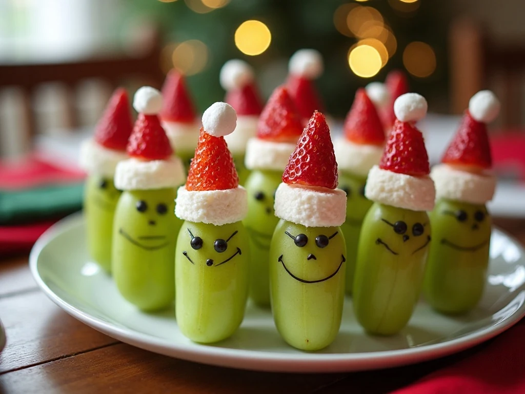 Festive Grinch fruit skewers arranged on a holiday platter