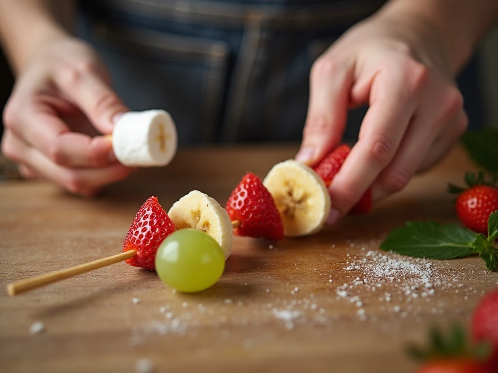 Assembling grape, banana, strawberry, and marshmallow Grinch skewers