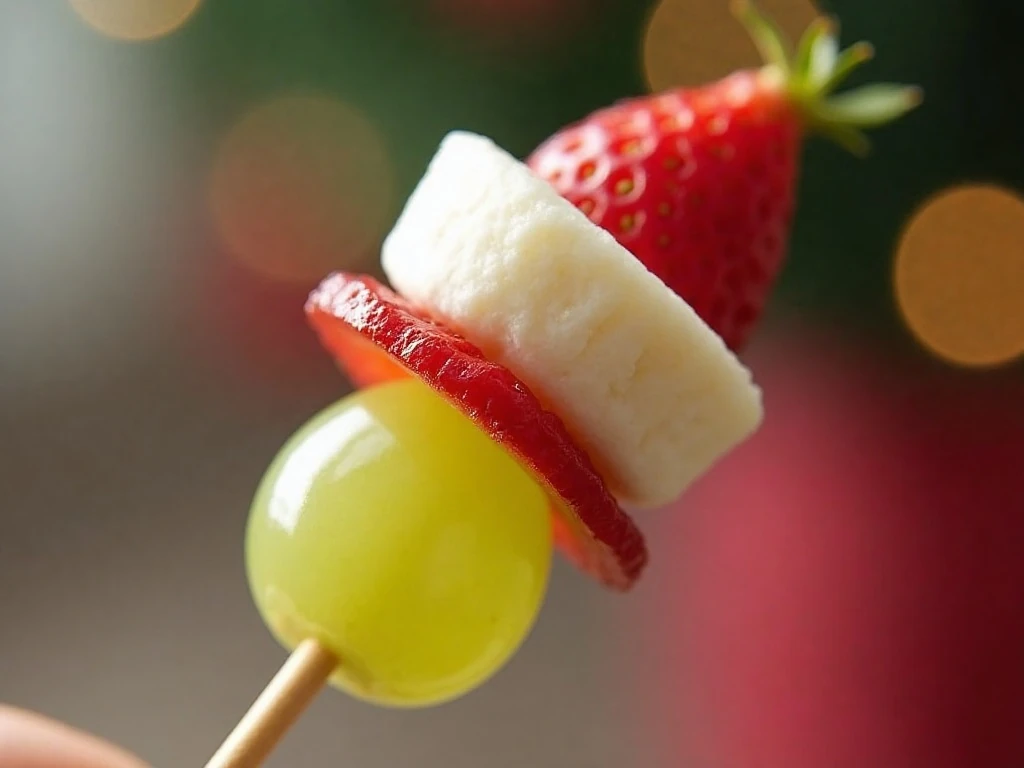Close-up detail of a colorful Grinch fruit skewer