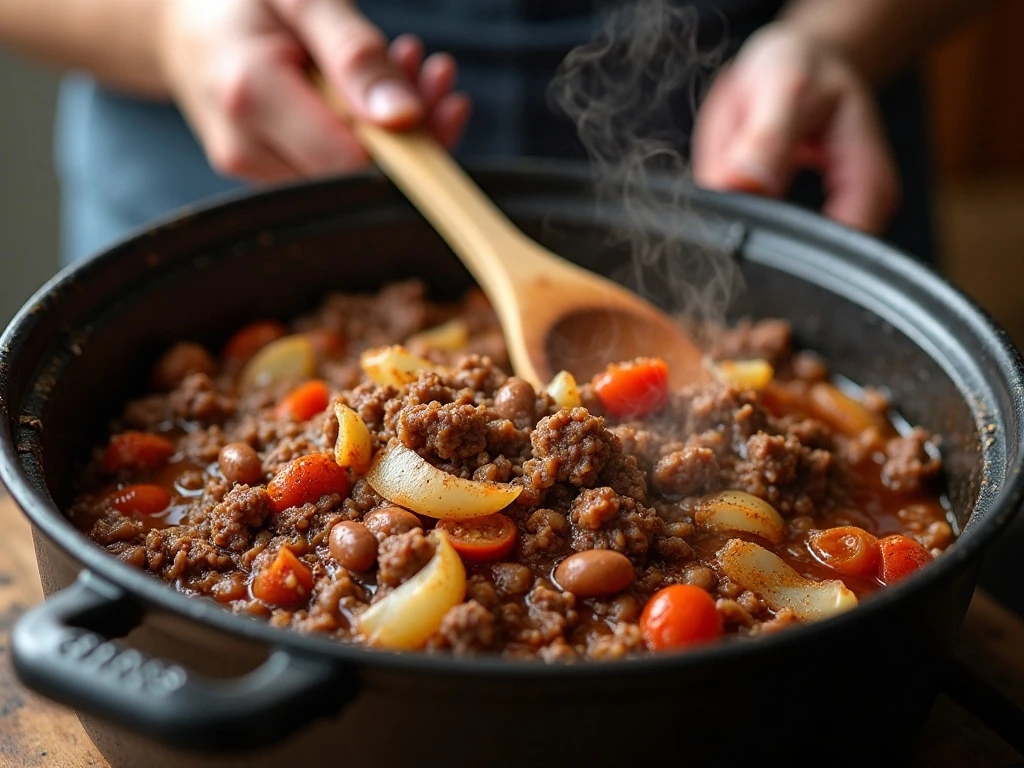 Chili simmering in a Dutch oven