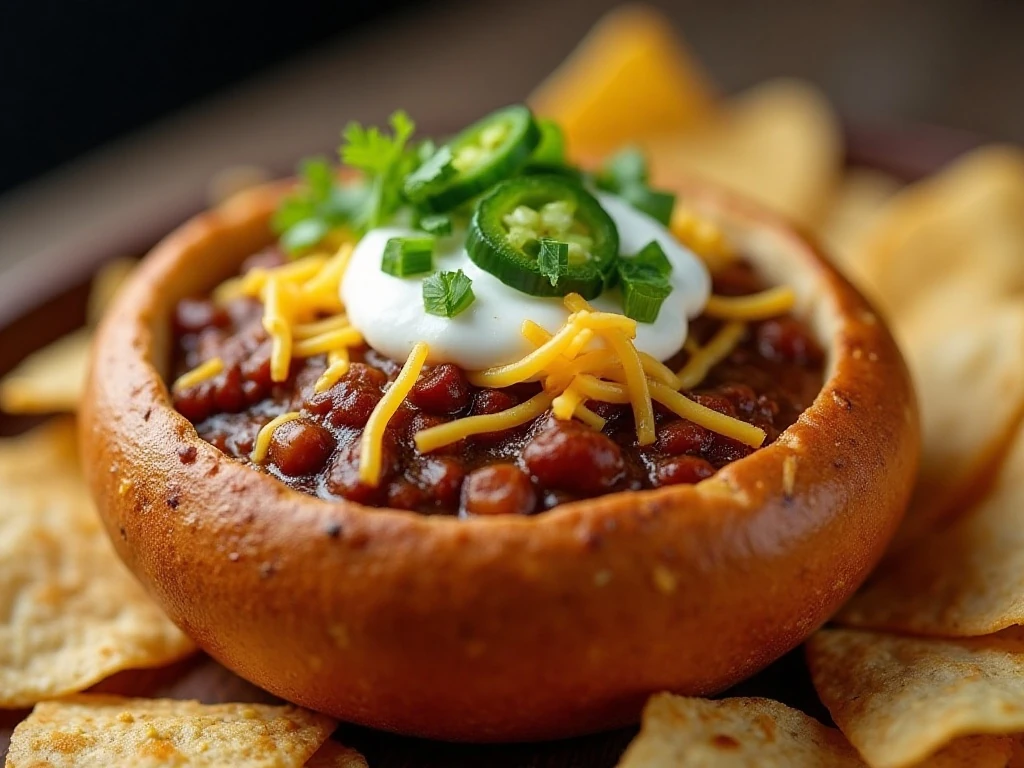 Chili bread bowl with fresh toppings