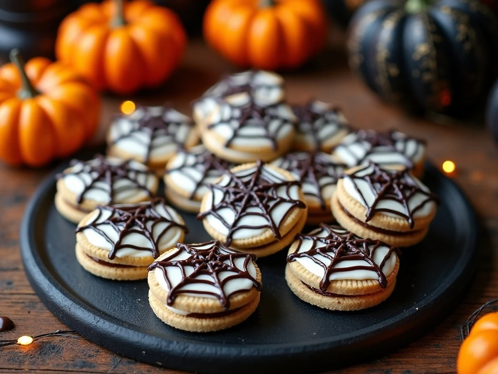 Platter of easy Halloween spiderweb Oreo cookies