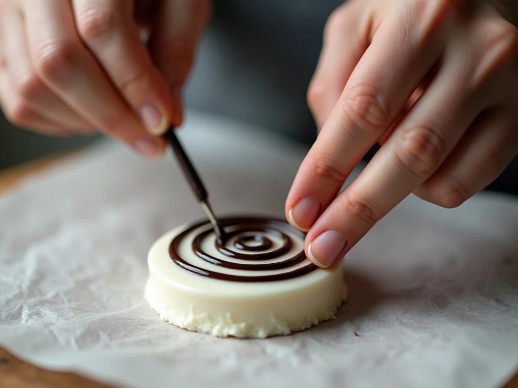 Decorating a white-coated Oreo with a chocolate spiderweb