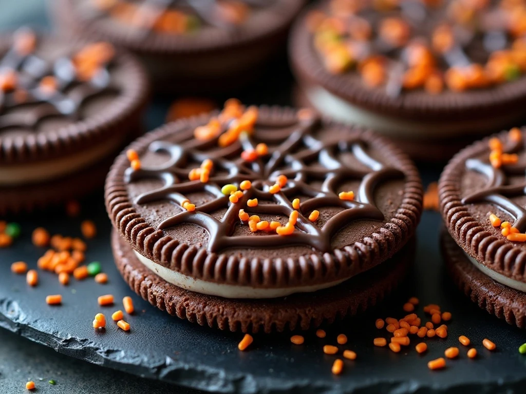 Halloween spiderweb Oreos with sprinkles and candy eyes