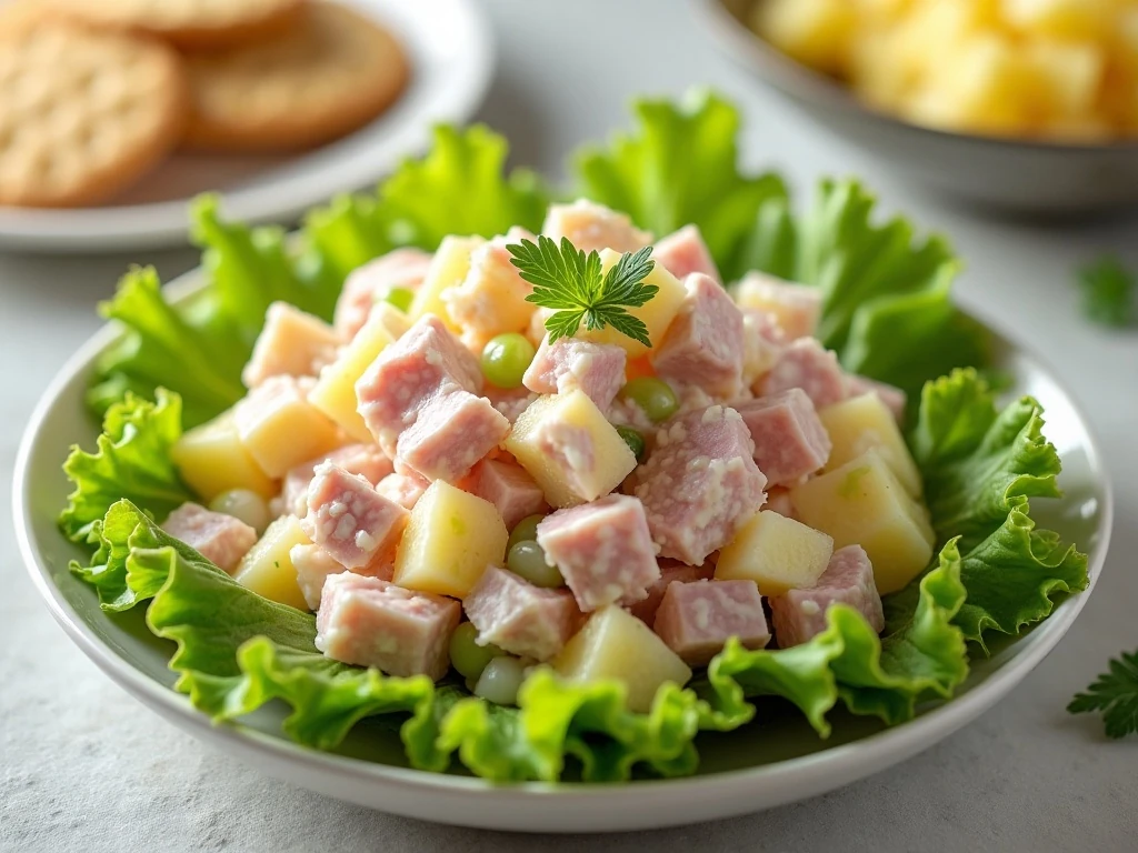 Chilled ham and pineapple salad served on lettuce with crackers