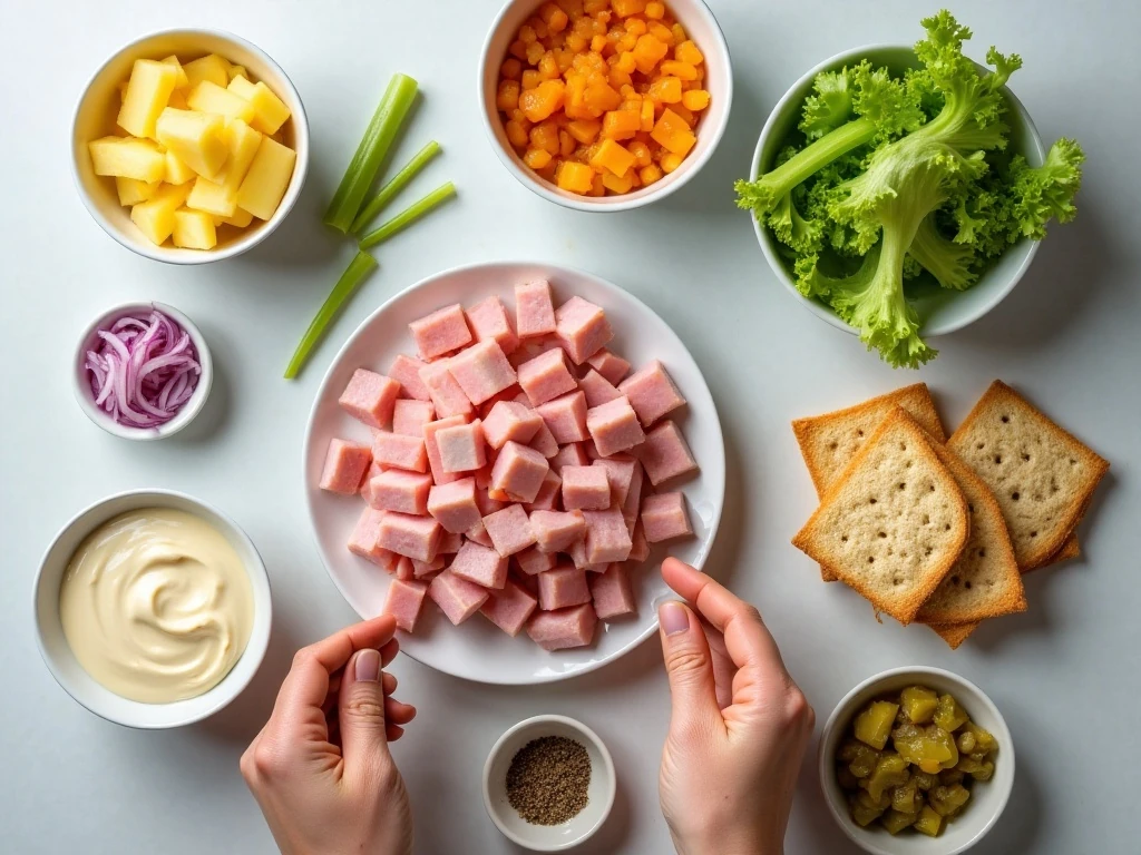 Ingredients for easy ham and pineapple salad