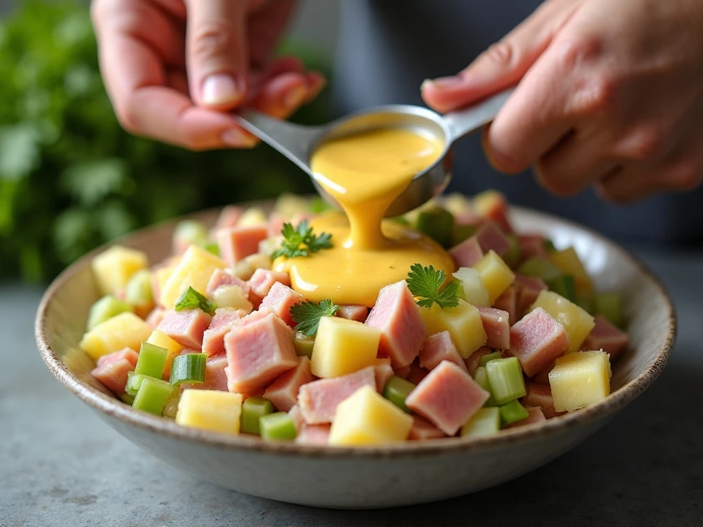 Mixing the ham, pineapple, vegetables, and creamy dressing