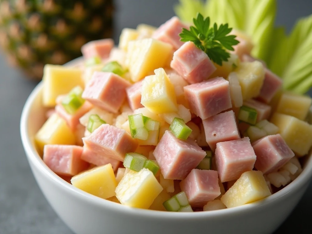 Close-up texture of creamy ham and pineapple salad
