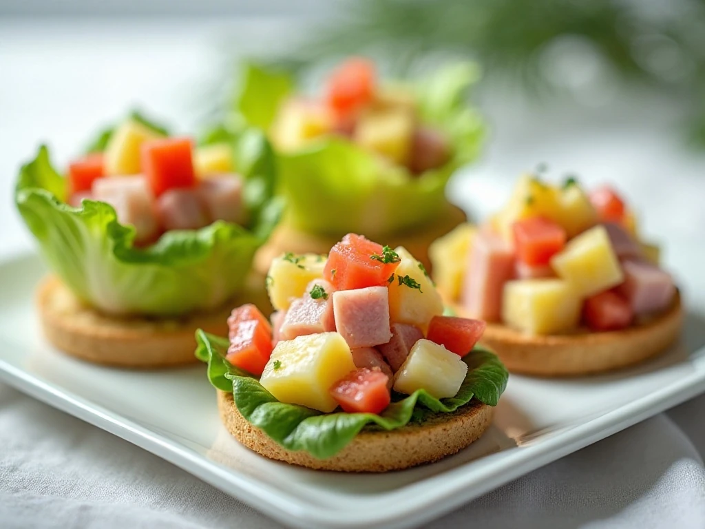 Ham and pineapple salad served in lettuce cups, sandwich, and crackers