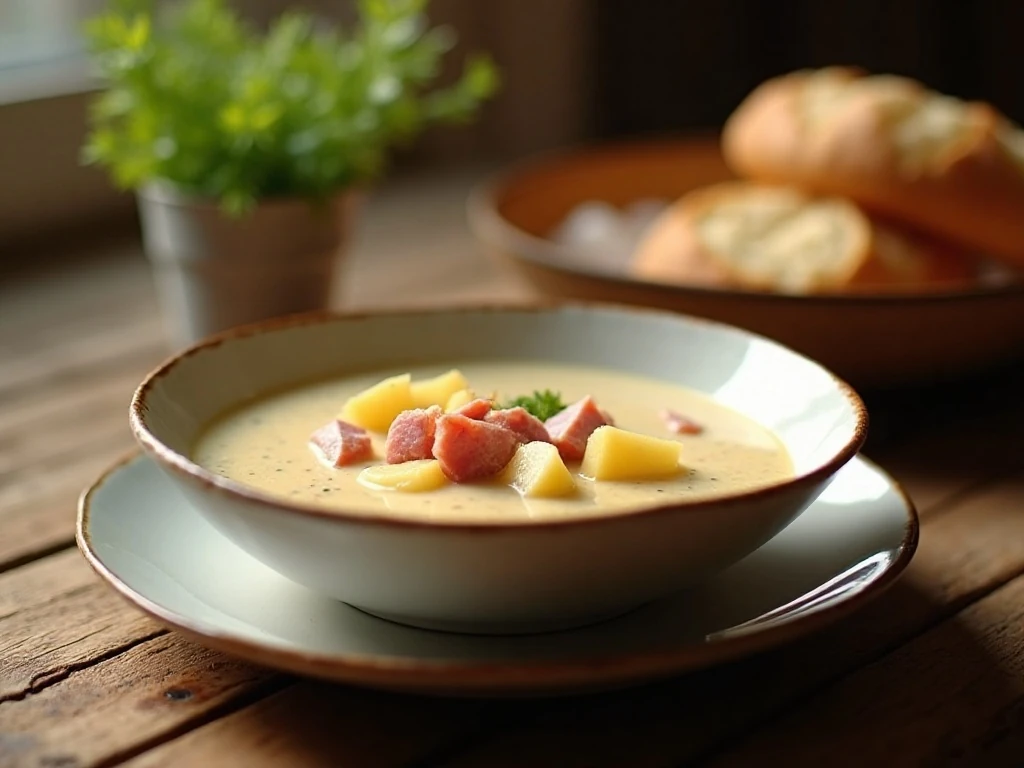 Creamy ham and potato soup served as a comforting dinner