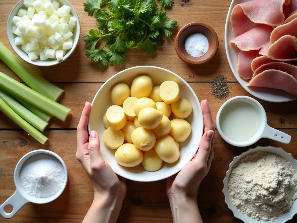 Ingredients for easy ham and potato soup arranged on a counter