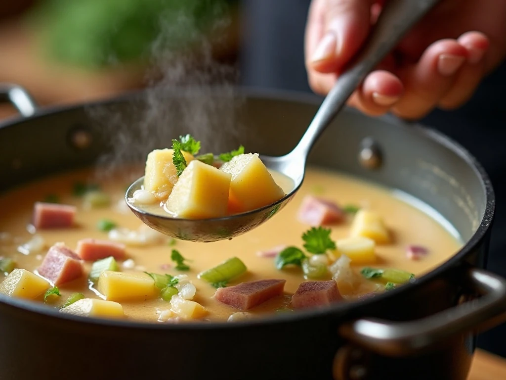 Preparing the potato soup base and creamy roux