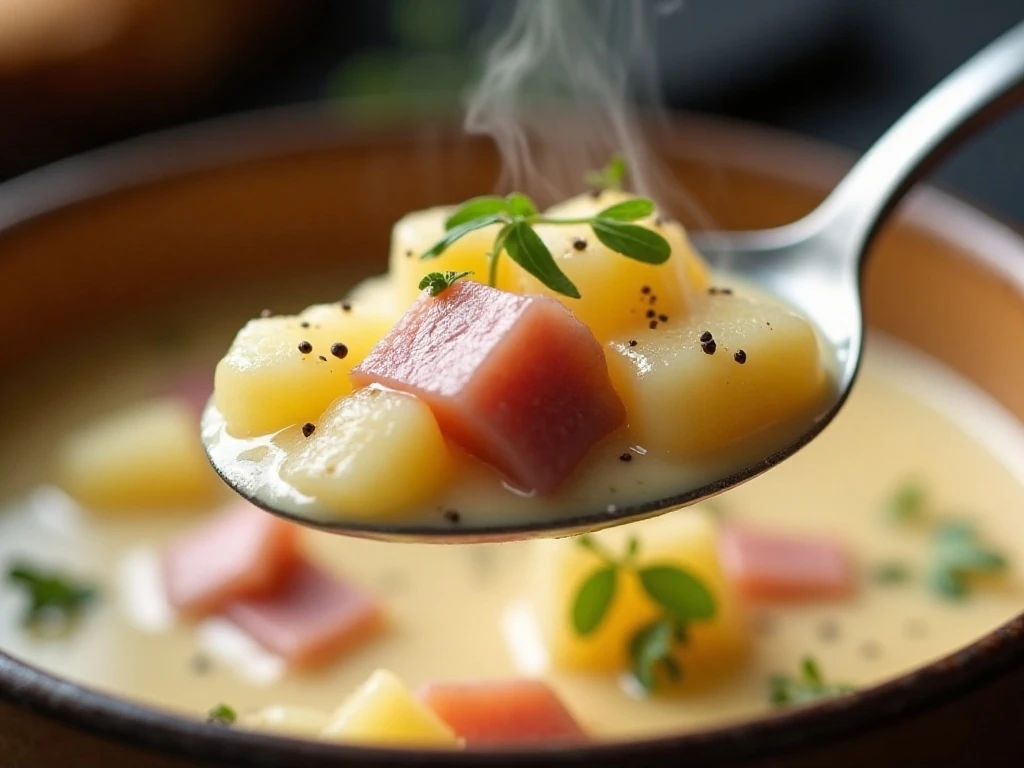Close-up of tender potatoes and ham in creamy soup