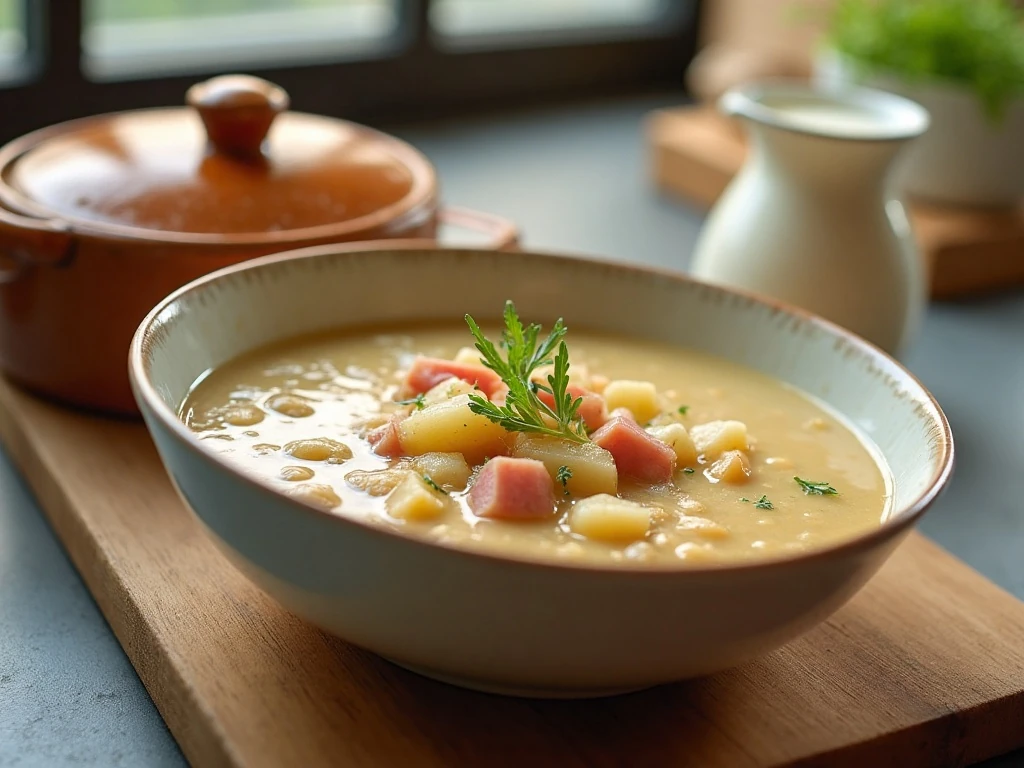 Ham and potato soup ready for storage and gentle reheating