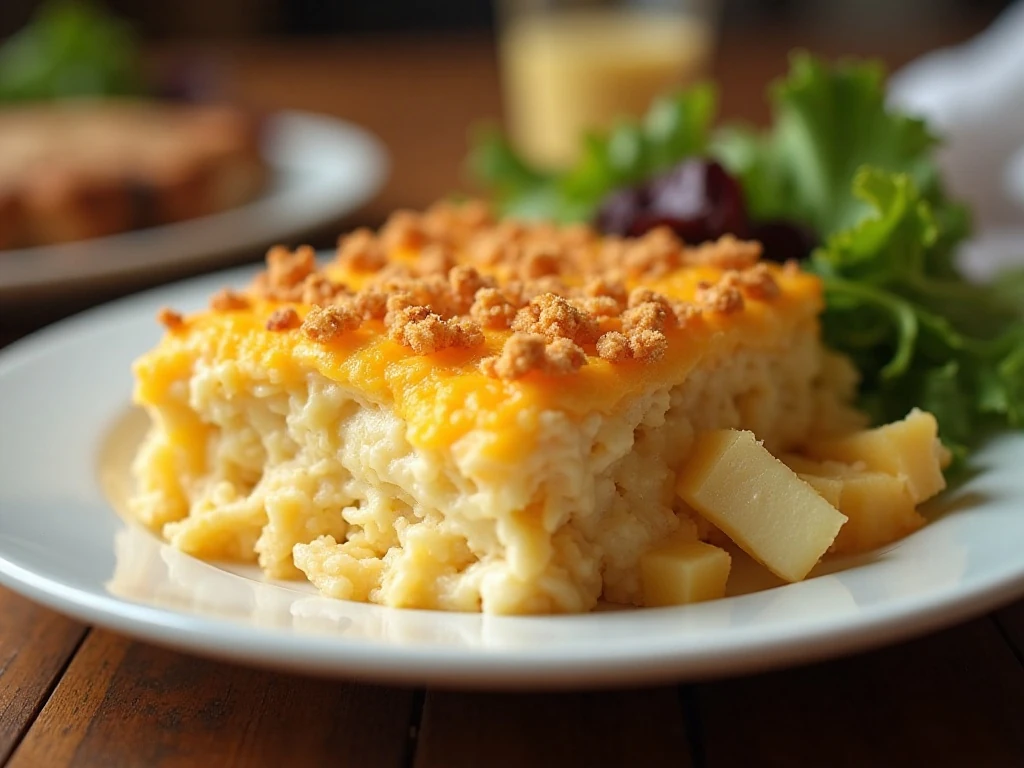 Serving of creamy cheesy hash brown casserole with a golden cornflake topping