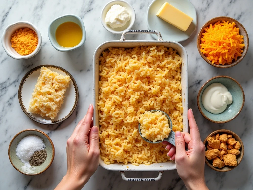 Ingredients for easy hash brown casserole arranged on a countertop