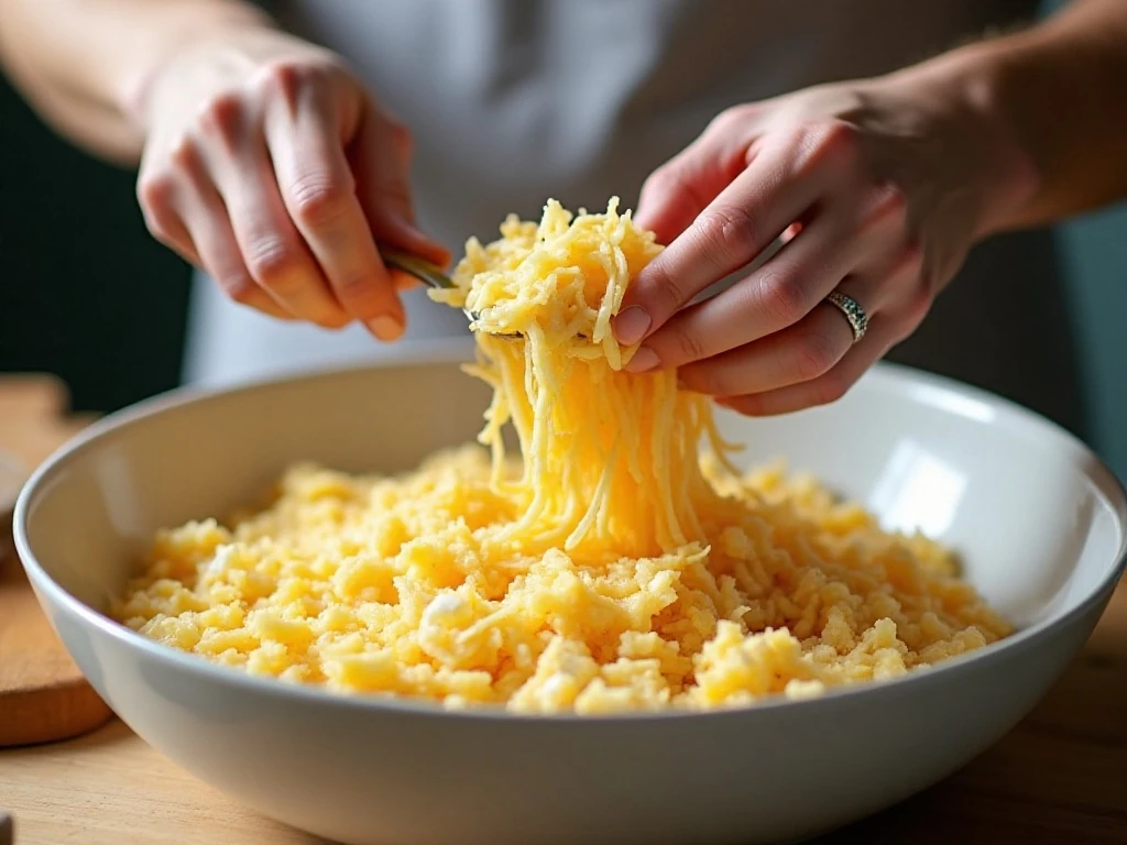 Mixing thawed hash browns with creamy casserole ingredients