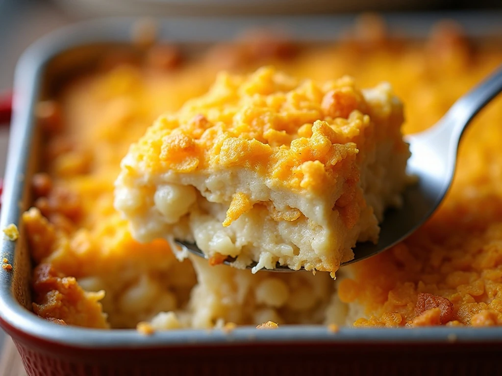 Close-up of golden cheesy hash brown casserole with crisp topping