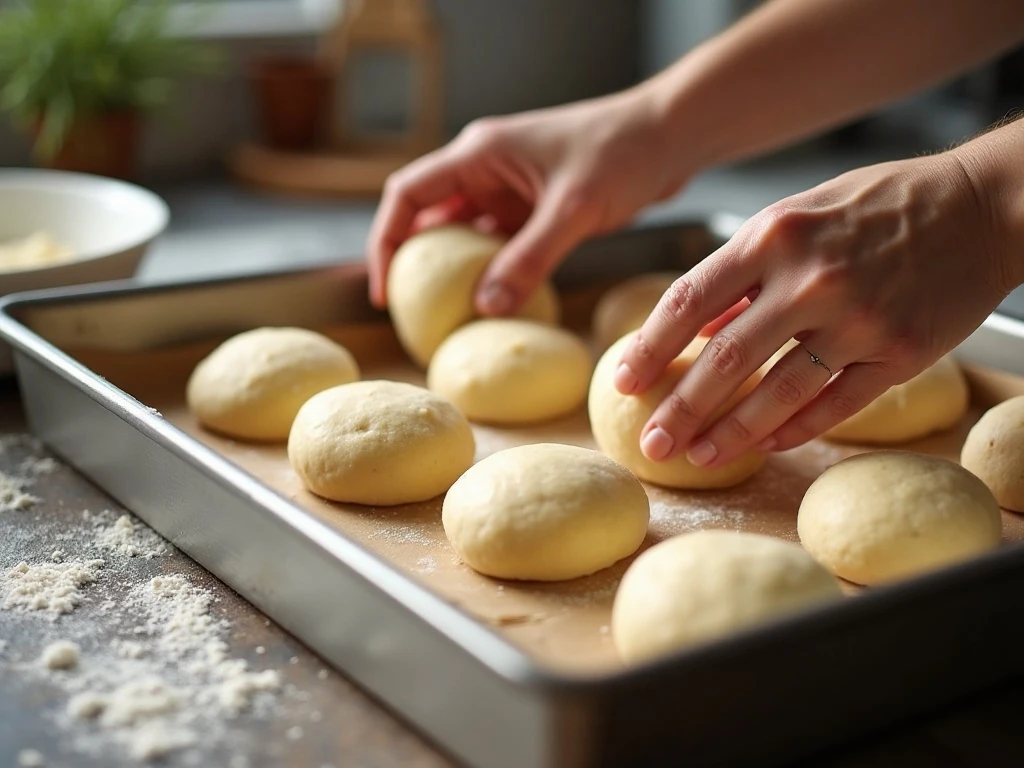 Shaping homemade Hawaiian roll dough into balls before the second rise