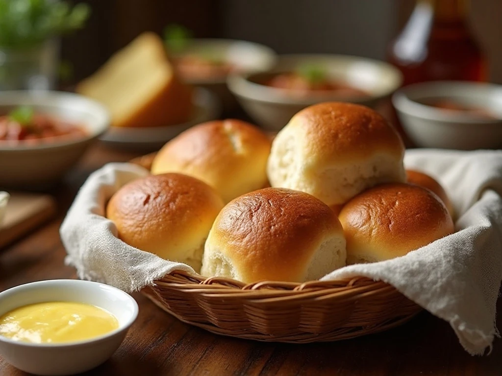 Golden Hawaiian rolls served with butter and a comforting dinner