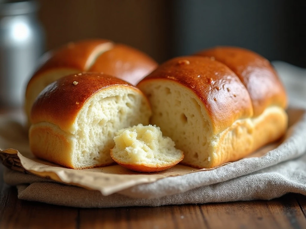 Close-up of the soft fluffy interior of a buttered Hawaiian roll