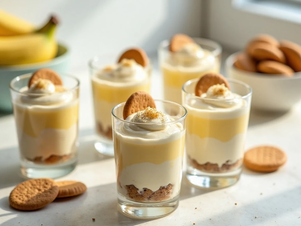 Individual glasses of easy healthy banana pudding with banana slices and vanilla wafers