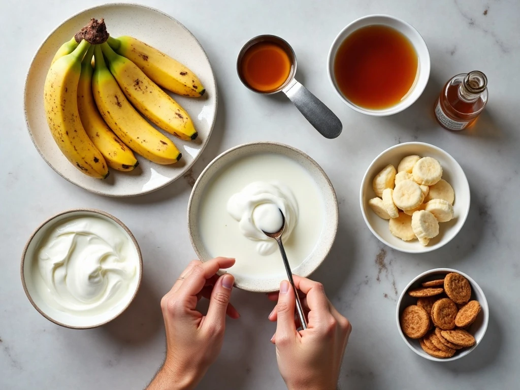 Ingredients for healthy banana pudding arranged in a flat lay