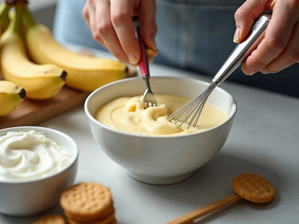 Whisking the creamy banana pudding mixture before layering