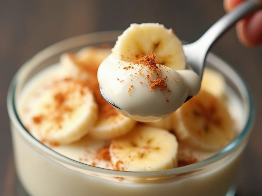 Close-up showing the creamy texture of healthy banana pudding