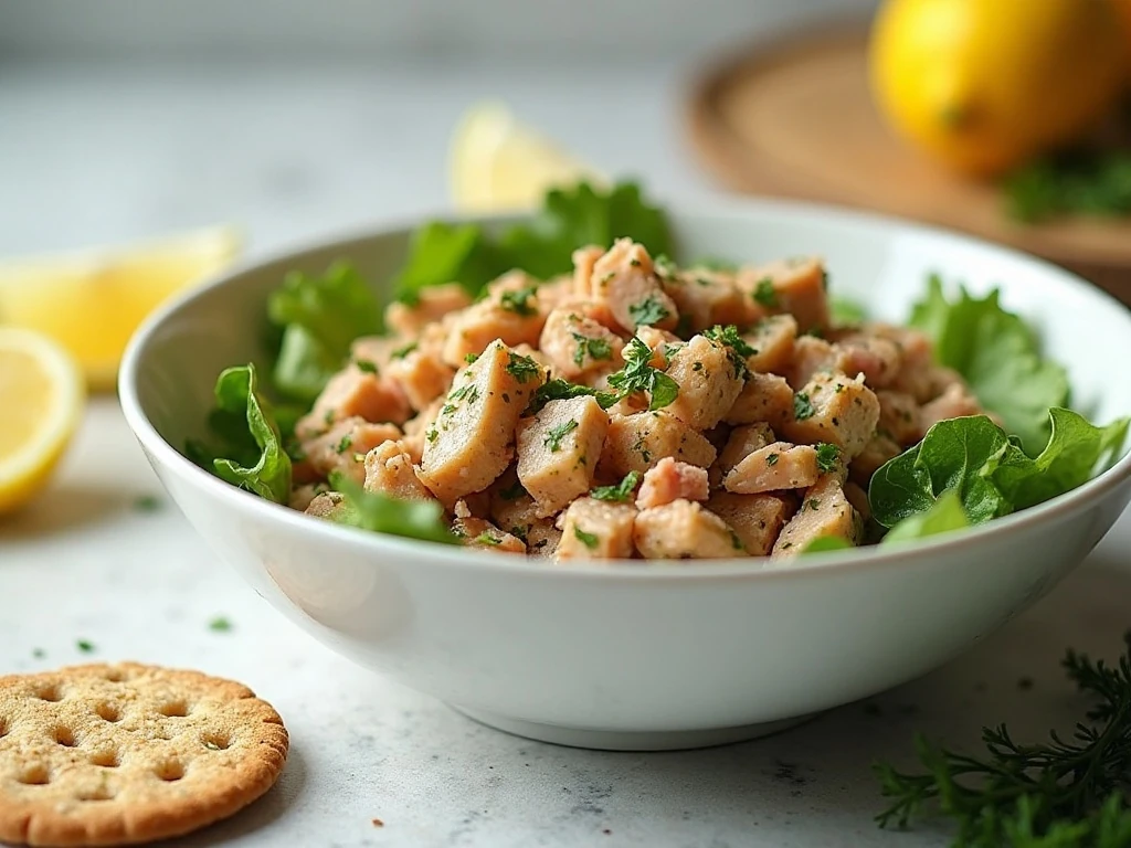 Healthy tuna salad served over mixed greens with crackers and lemon