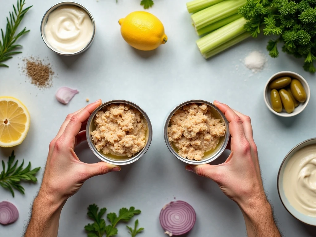 Ingredients for easy healthy tuna salad arranged for preparation