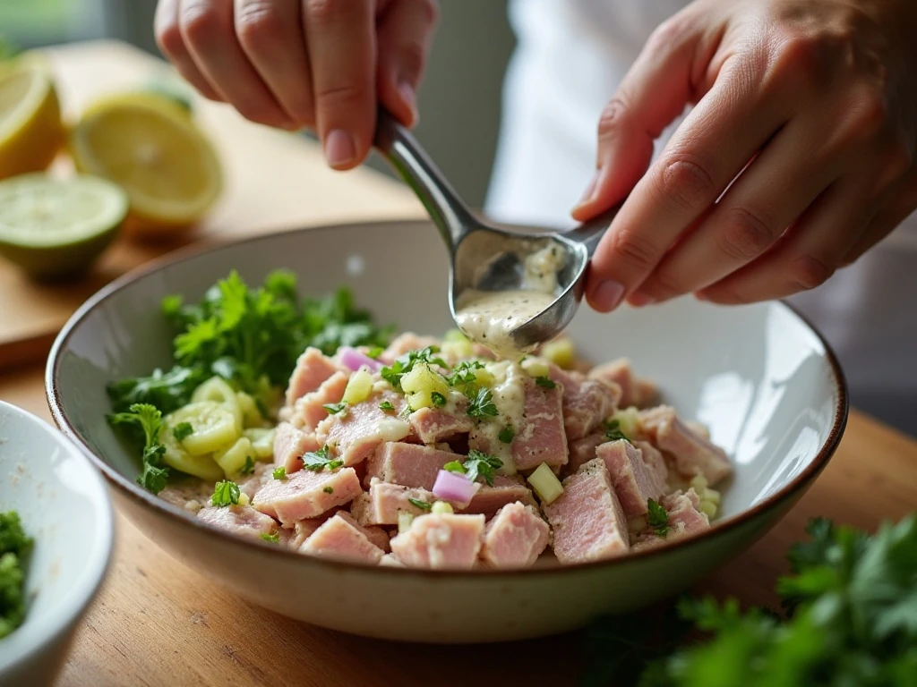 Tuna salad ingredients being gently mixed in a bowl