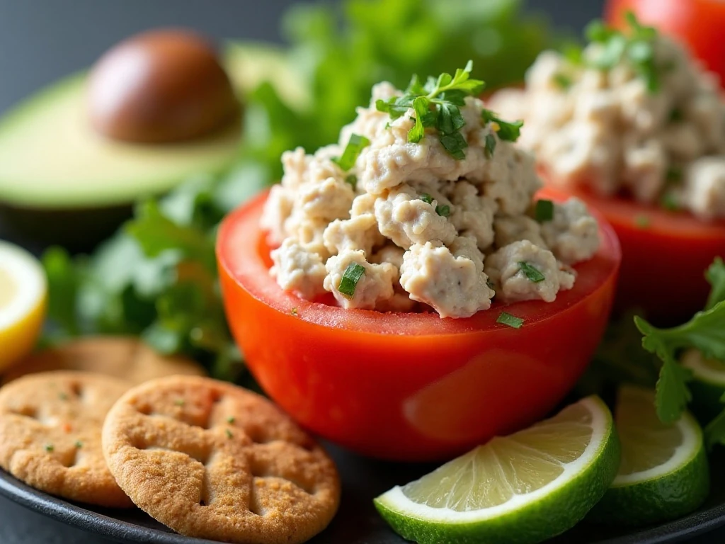 Tuna salad served in a tomato with avocado, greens, and crackers
