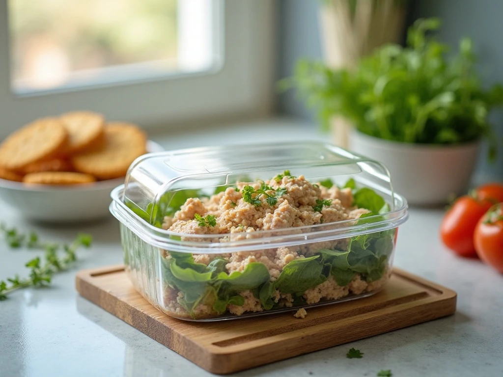 Covered tuna salad stored for a quick weekday lunch