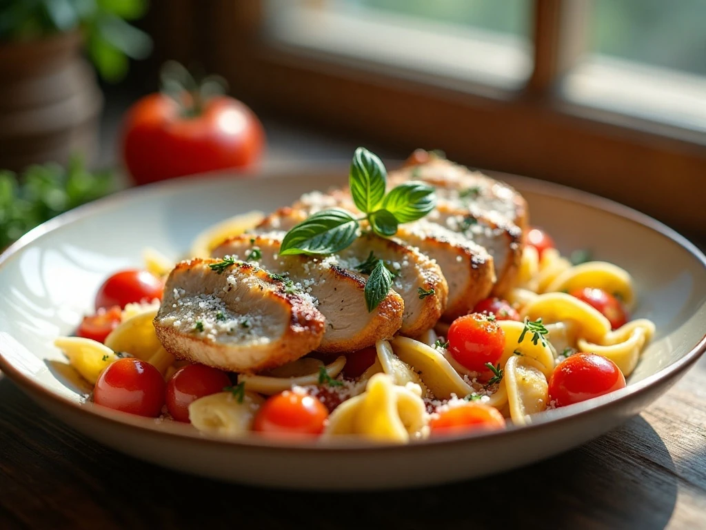 Sliced herb-marinated chicken served over farfalle with tomatoes and Parmesan