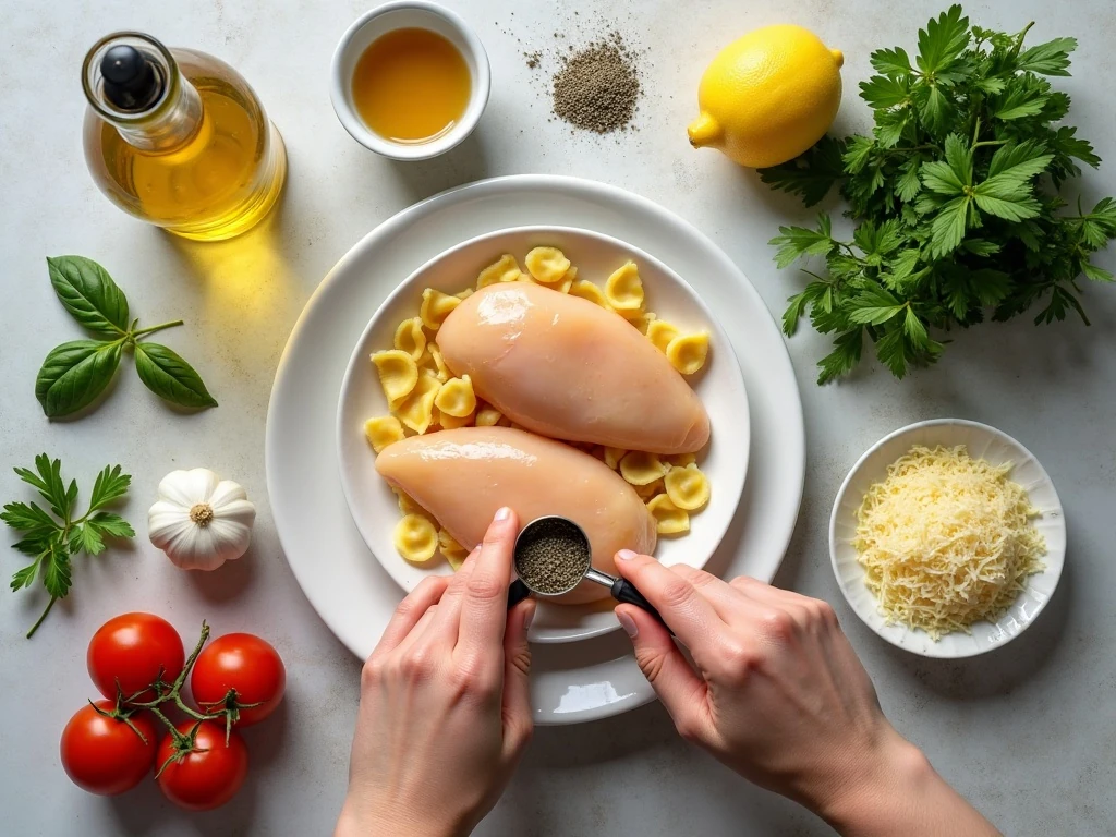 Ingredients for herb marinated chicken over farfalle