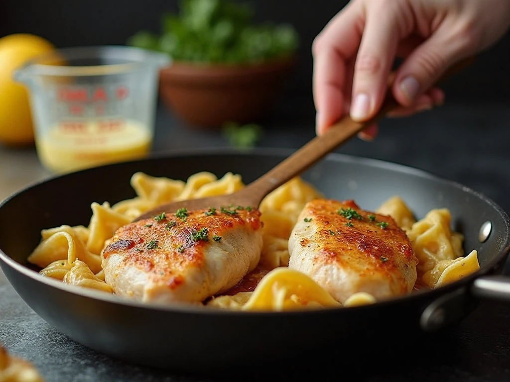 Chicken browning in a skillet for the farfalle dinner