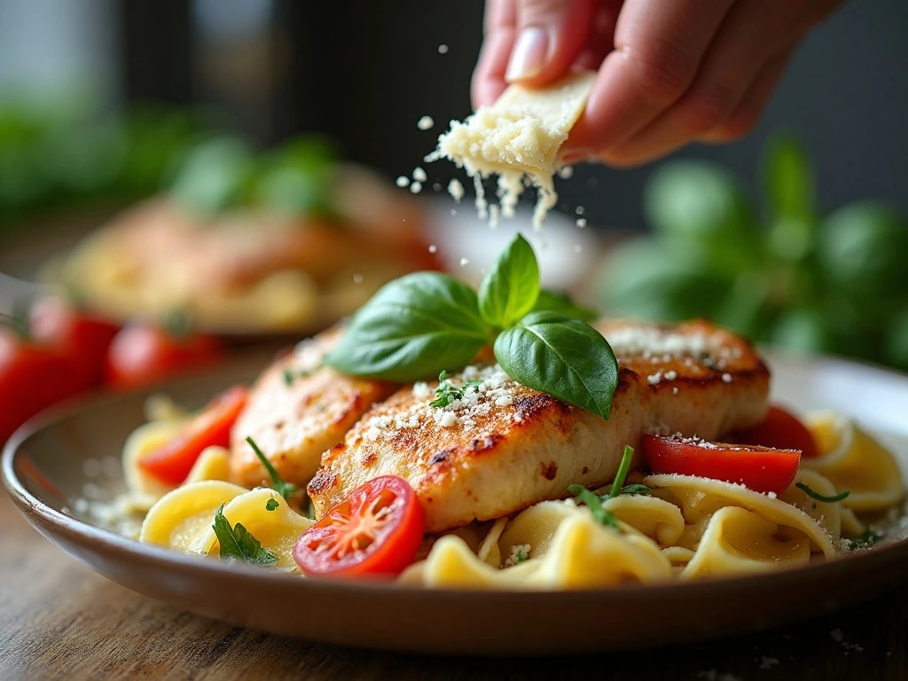 Fresh basil and Parmesan garnish on chicken farfalle