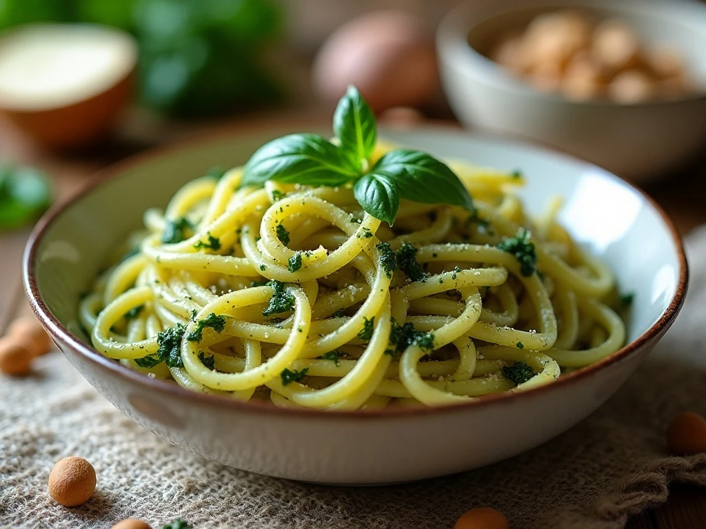 Fresh basil pesto pasta served in a bowl