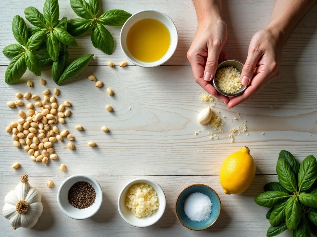 Ingredients for easy homemade basil pesto
