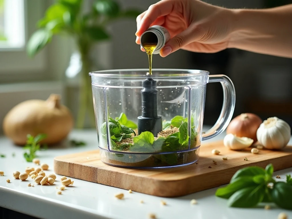 Blending basil ingredients for homemade pesto