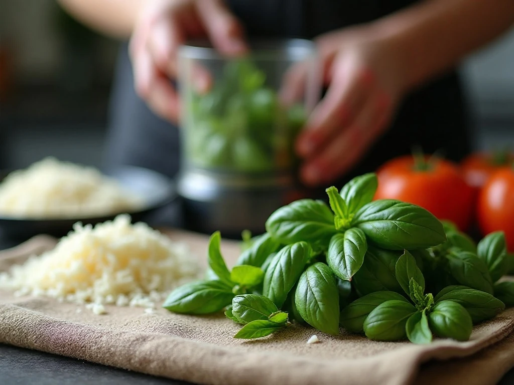 Preparing dry basil and Parmesan for pesto